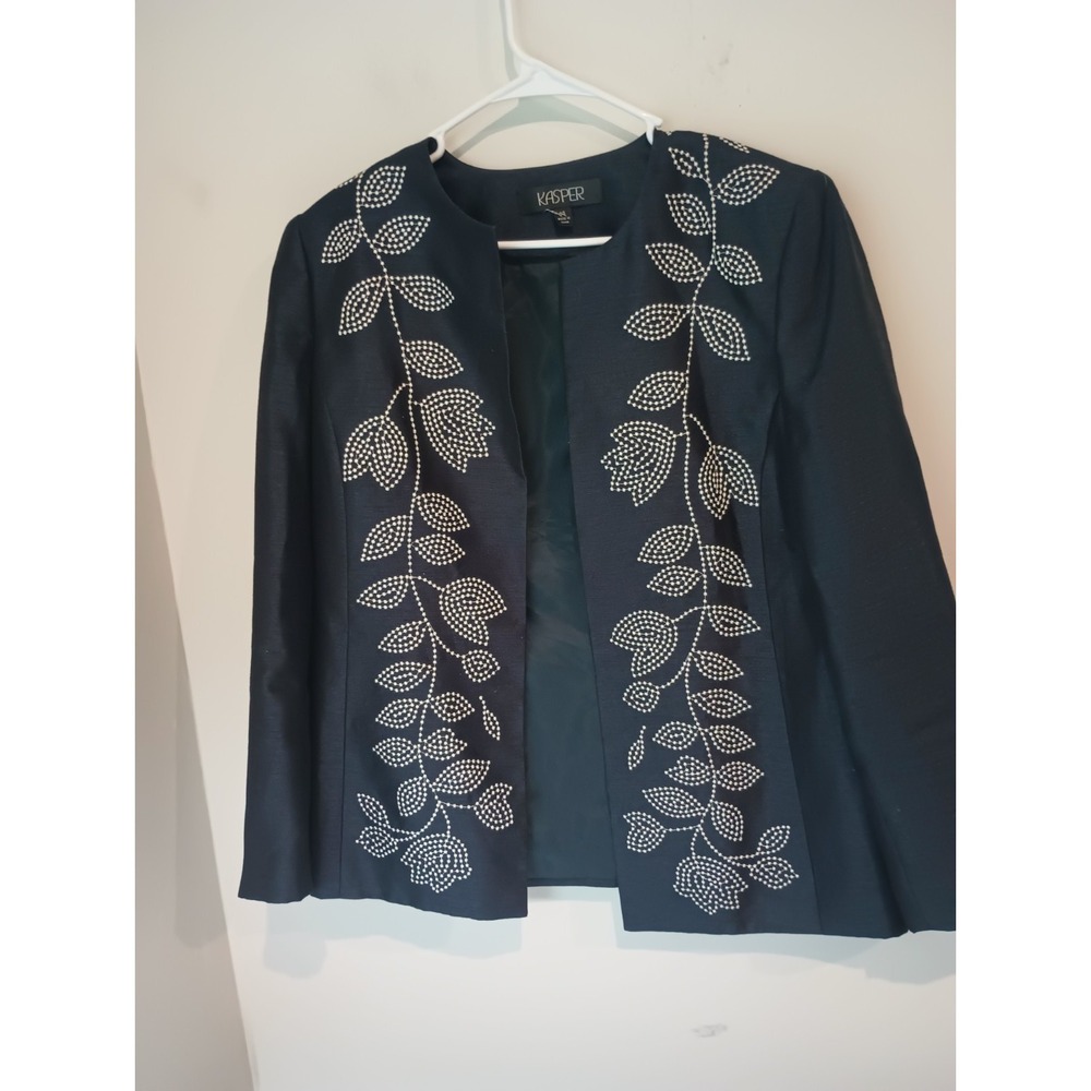 Kasper Womens Size 14 Navy Blue Beaded Botanical Evening Blazer Jacket Open...